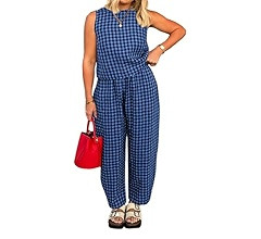 Women's Summer 2 Piece Outfits Plaid Crop Tank Top High Waisted Baggy Ankle Barrel Pants Gingham ... | Amazon (US)