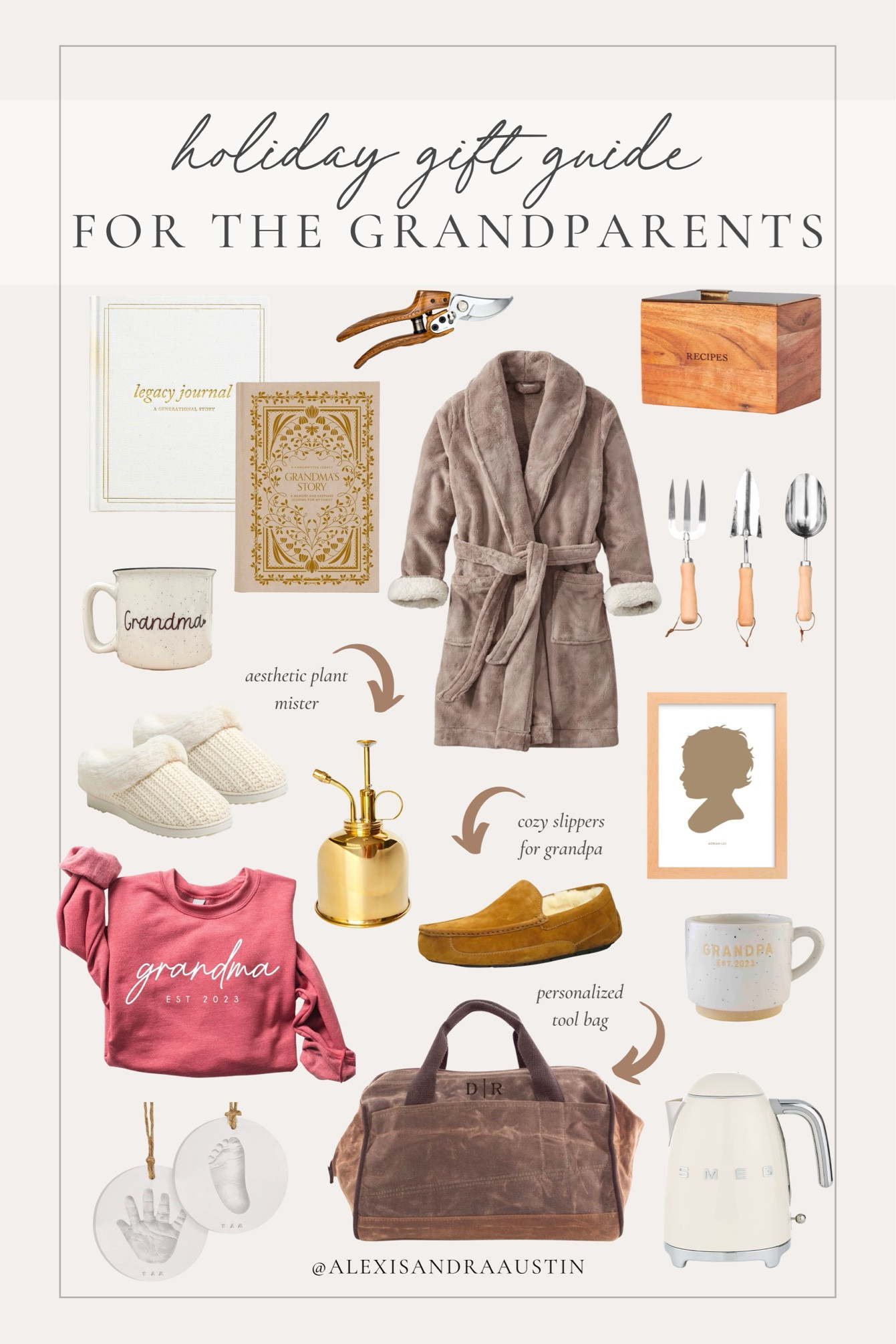 Holiday gift guide for the grandparents! Comfy and personalized gifts that will please any grandparent in your life.

Holiday gift guide, for the grandparents, cozy gifts, neutral aesthetic, Christmas gifting, stocking stuffers, cozy robe, recipe box, tool bag, slipper finds, personalized gift, garden tools, mug finds, found it on Amazon, Etsy, shop the look!

#LTKSeasonal #LTKHoliday #LTKGiftGuide