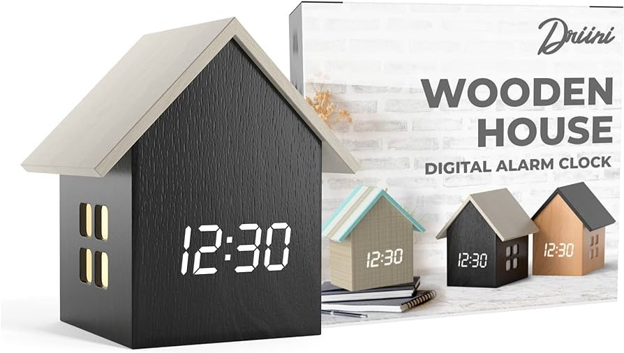Driini House-Shaped Alarm Clock with Temperature Display (Dark Wood) – Modern Aesthetic with Cu... | Amazon (US)