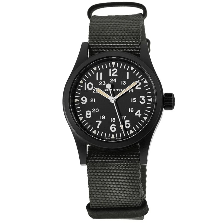 Hamilton Khaki Field Mechanical 38mm watch with black dial and fabric strap