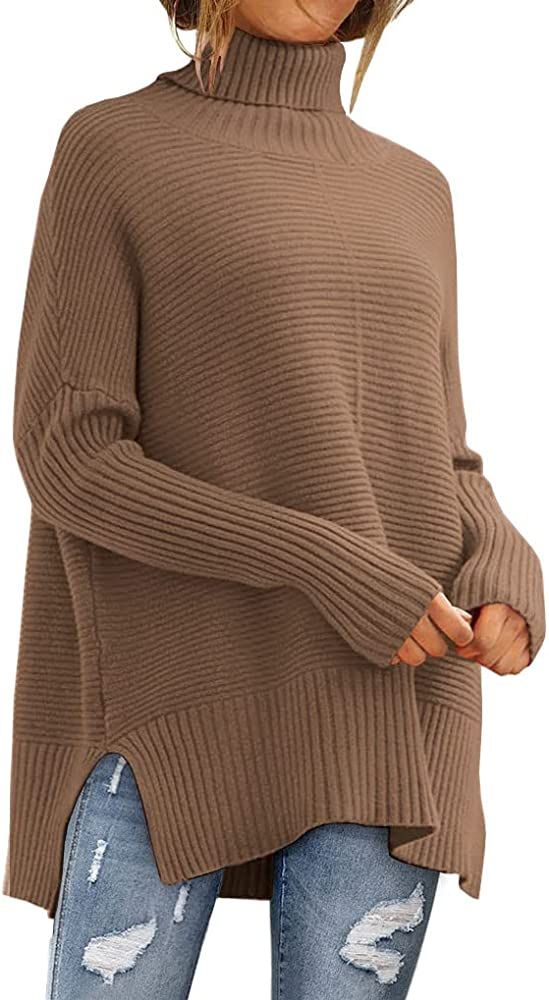 LILLUSORY Womens Turtleneck Oversized Tunic Sweaters 2022 Long Batwing Sleeve Spilt Hem Pullover ... | Amazon (US)