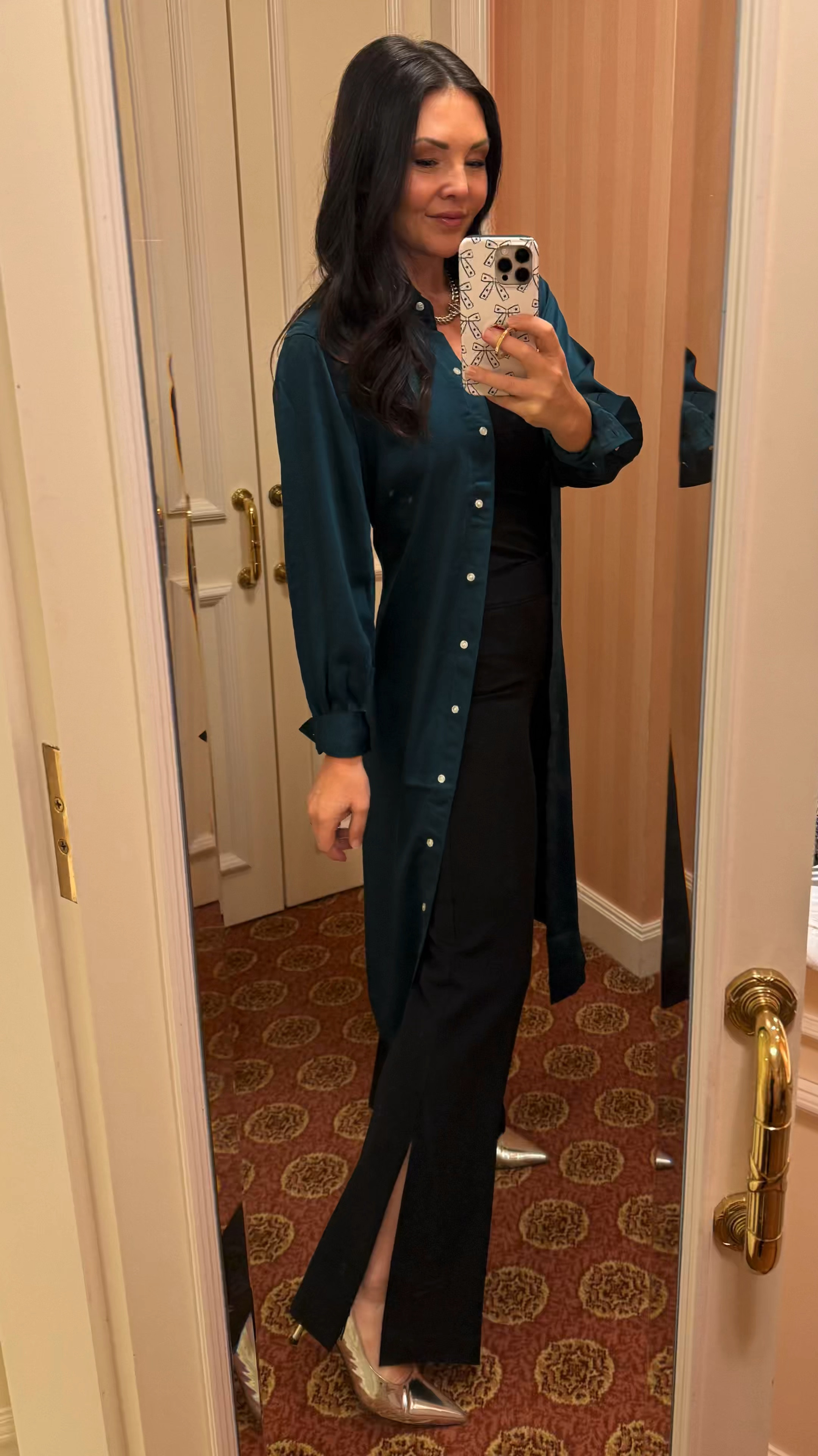 Silky blouse dress comes in a few colors. Wearing size small and I love it styled as a duster too! 
Slit ankle black pants
Black tank top
Silver kitten heel plumps 
Holiday party outfitt

#LTKParties #LTKHoliday #LTKStyleTip