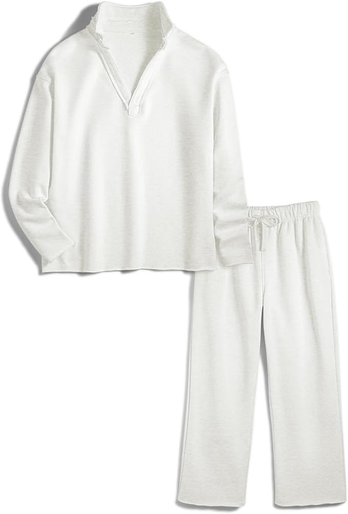 Lounge Sets for Women 2 Piece Outfits Long Sleeve V Neck Pullover Sweatshirts Wide Leg Pants Trav... | Amazon (US)