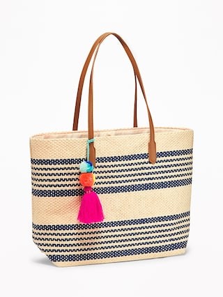 Striped Straw Pom-Pom Tassel Tote for Women | Old Navy US
