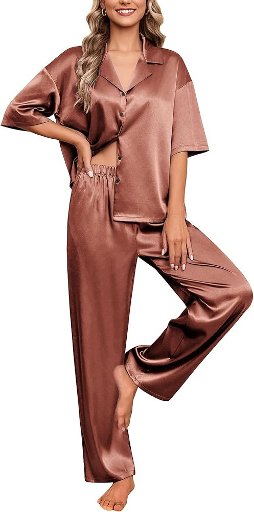 Ekouaer Silk Satin Pajamas Set Women Short Sleeve Pj Sets Button Down Sleepwear 2 Piece Soft Loun... | Amazon (US)