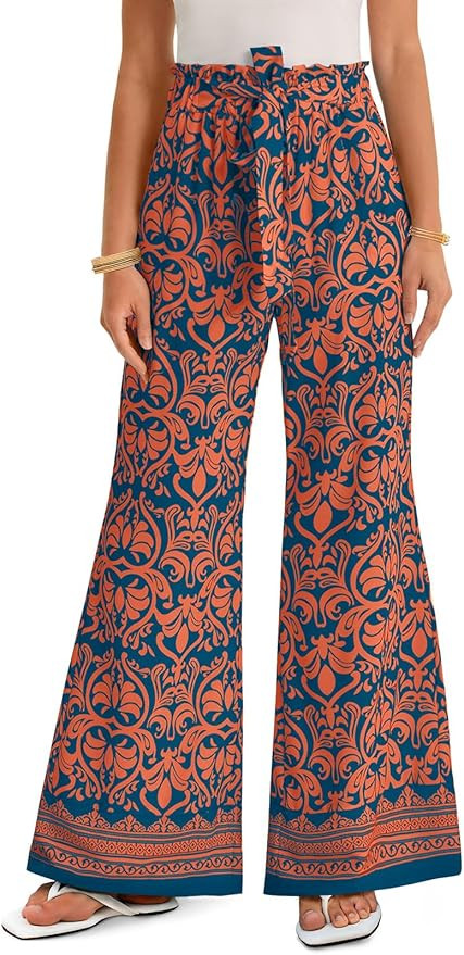 Yousify Women's Wide Leg Boho Pants High Waisted Printed Palazzo Pants Casual Flowy Tie Knot Vaca... | Amazon (US)