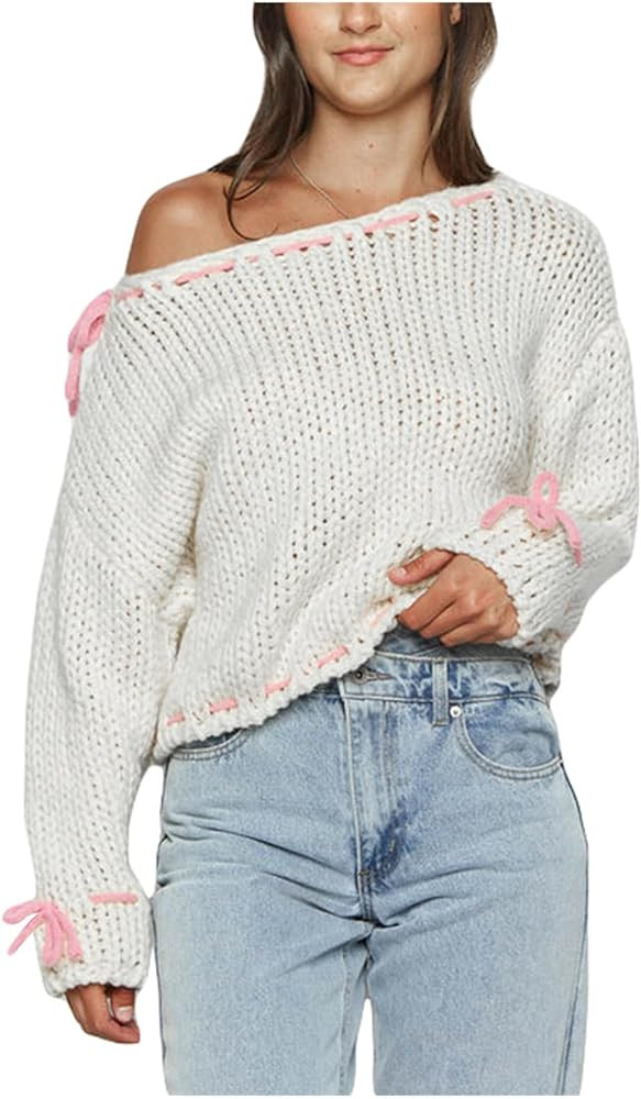 Women Cute Bow Sweater Long Sleeve Bow Front Knitted Pullover Ribbon Lace Up Cable Jumper Knitwea... | Amazon (US)