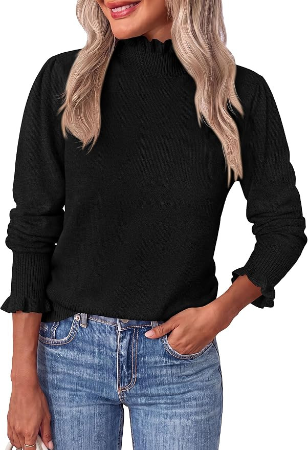 PRETTYGARDEN Women's Fall Cozy Sweaters Trendy Ruffle Mock Neck Pullover | Amazon (US)