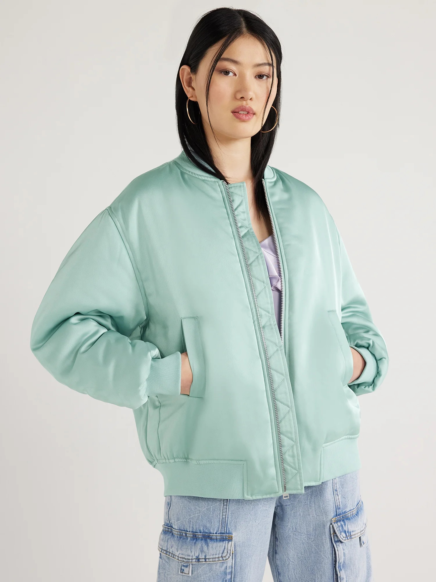 Scoop Women's Oversized Satin Bomber Jacket with Rouched Sleeves, Sizes XS-XXL - Walmart.com | Walmart (US)