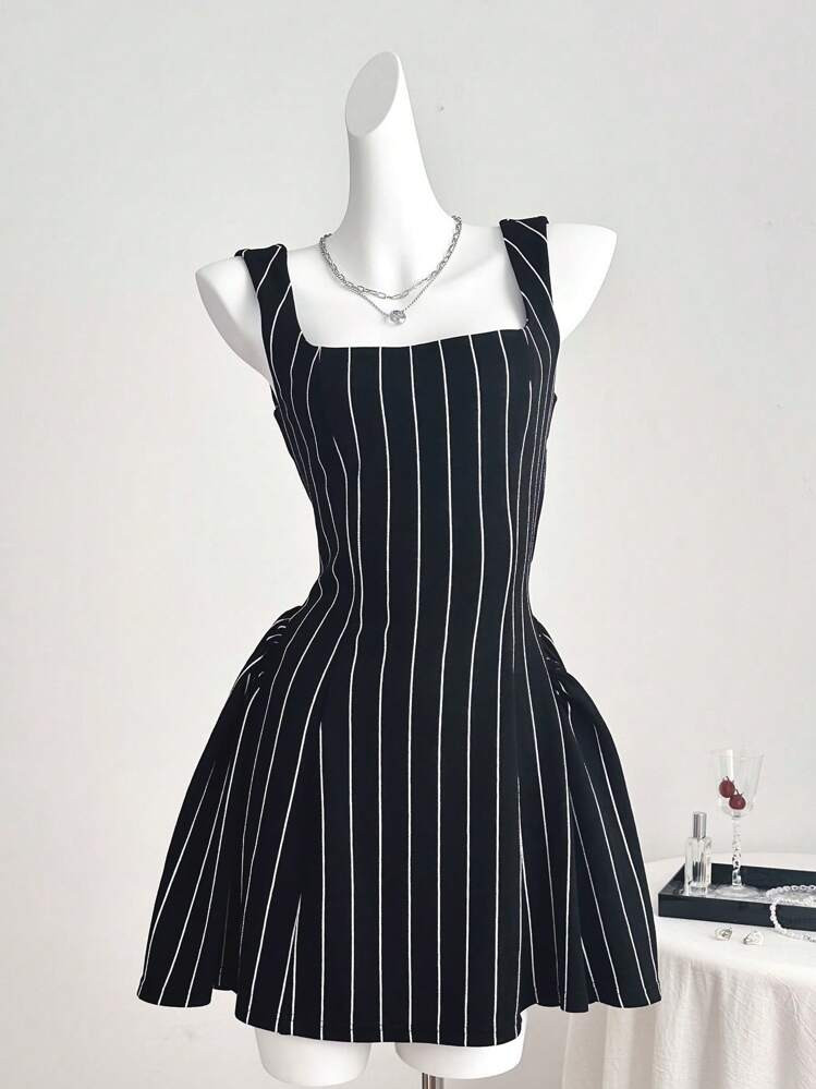 Comfortcana Stylish Commuter Colorblock Striped Cinched Waist Sleeveless Mini Dress | SHEIN