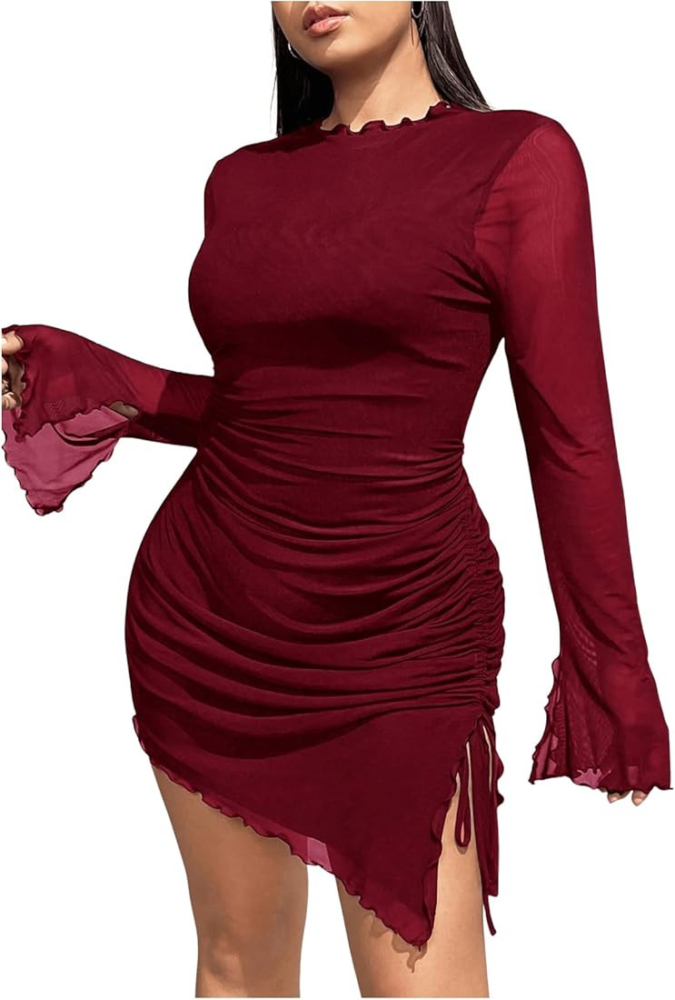 Women's Plus Size Crew Neck Long Sleeve Asymmetrical Dress Mesh Sheer Bodycon Mini Dresses | Amazon (US)