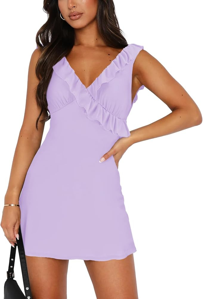 MIYIEONZ Women's Sexy V Neck Sleeveless Backless Ruffles Dress for Women Elegant Mesh Party Fitte... | Amazon (US)