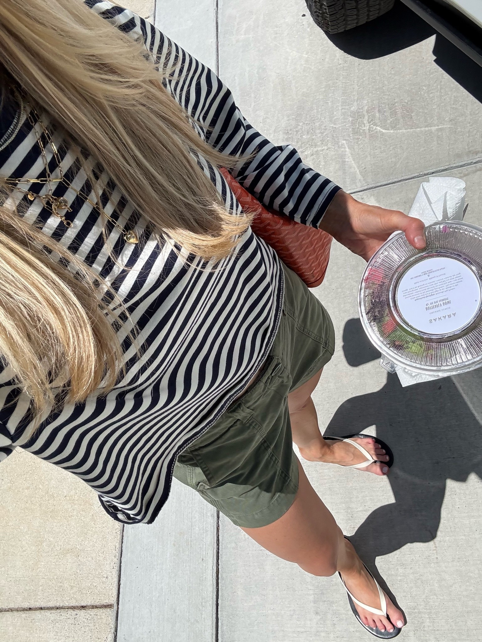 Olive shorts - 24
Striped tee - small
Sandals - true to size 

Casual summer outfit