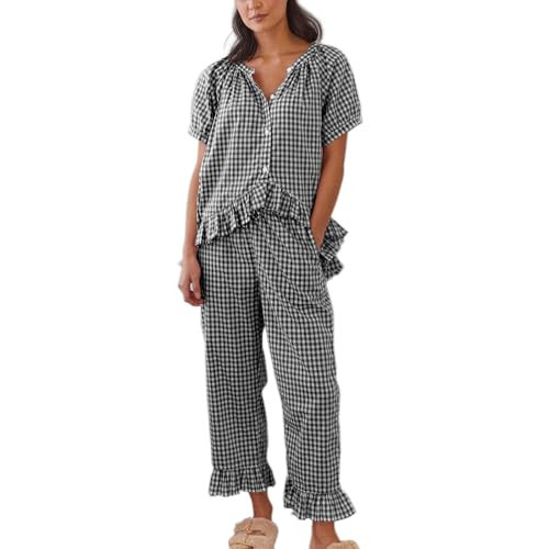 Argeousgor Women Plaid 2 Piece Pajama Set Button Down Puff Sleeve Babydoll Shirt Gingham Pants Pj Lounge Set Sleepwear L | Amazon (US)