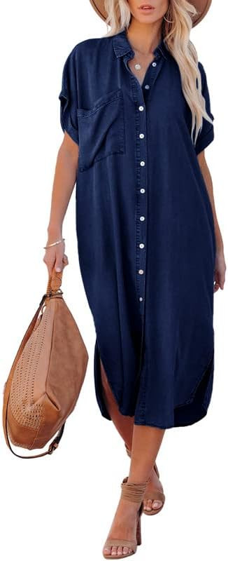 Dokotoo Womens 2024 Button-Down Short Sleeve Denim Cardigans Maxi Dresses with Side Split | Amazon (US)