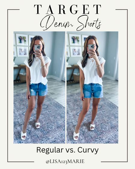 Target denim shorts (00) - regular vs. curvy. Target midi shorts. Target t-shirt. Target sandals (TTS). Neutral sandals. Vacation outfits. Spring outfit. 

*Left pair is stretchy and TTS. Right pair comes in a regular version as well. These remind me of the Abercrombie mom short 4”. Also TTS. 

#LTKunder50 #LTKFind #LTKtravel