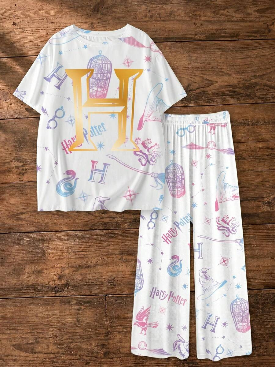 HARRY POTTER X SHEIN Plus Size Letter Print Crew Neck Short Sleeve Top And Pants Pajama Set Plus ... | SHEIN