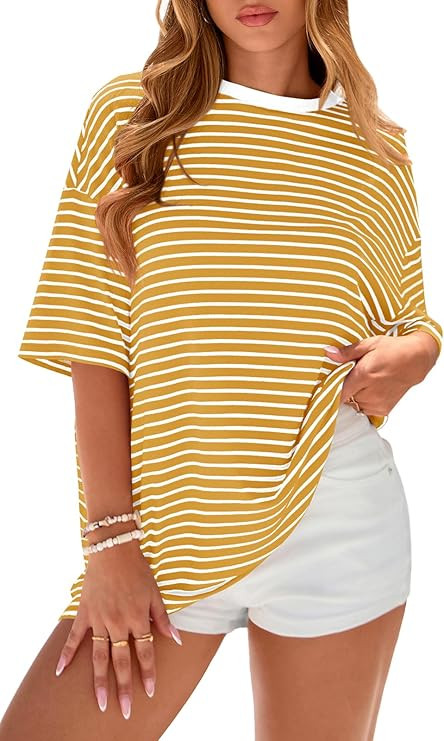 PRETTYGARDEN Women Short Sleeve Crewneck Ribbed Knit Oversized TShirts 2026 Striped Summer Tops B... | Amazon (US)