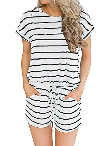 MIHOLL Women's Summer Striped Jumpsuit Casual Loose Short Sleeve Jumpsuit Rompers | Amazon (US)