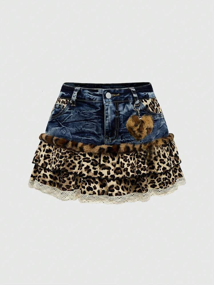 ROMWE Kawaii Y2K Style Leopard Print Patchwork Cute Denim Mini Skirt | SHEIN