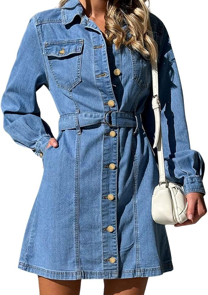 Women's Denim Overall Shirt Dress Notched Lapel Button Down Business Jean Shirt with Belt | Amazon (US)