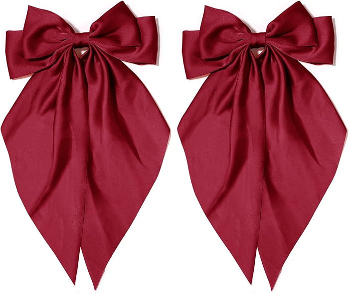 2PCS Burgundy Red Hair Bow - Big Satin Bows Hair Clips with Long Tail Ribbon for Women Girls | Amazon (US)
