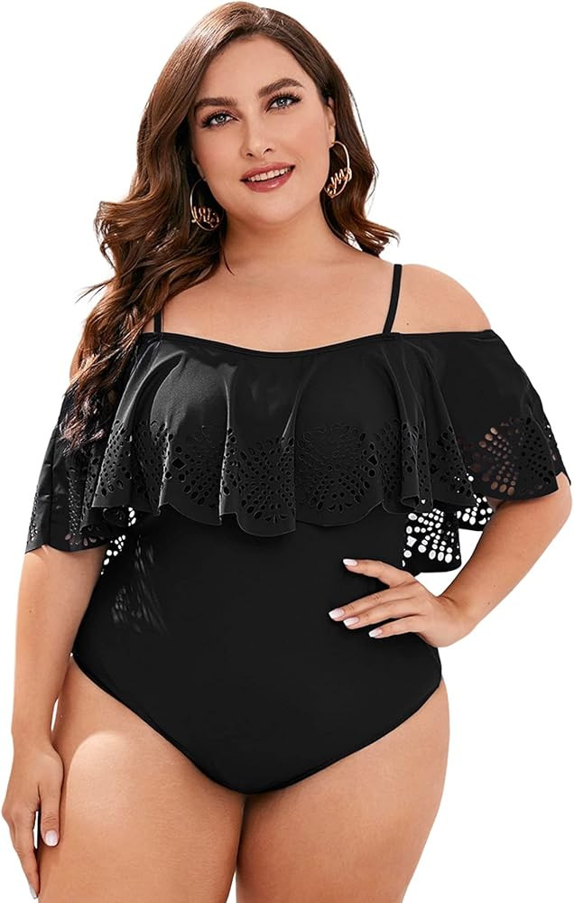 Floerns Women's Plus Size One Piece Swimsuit Off Shoulder Ruffle Trim Monokini | Amazon (US)
