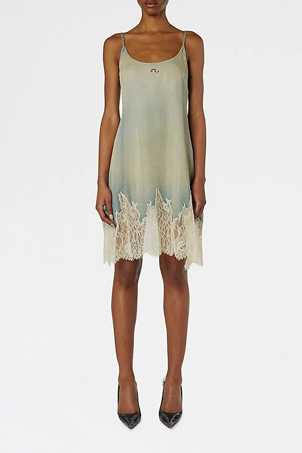 Diesel De-Odry-S Lace Trim Denim Mini Dress in Light Blue, Women's at Urban Outfitters | Urban Outfitters (US and RoW)