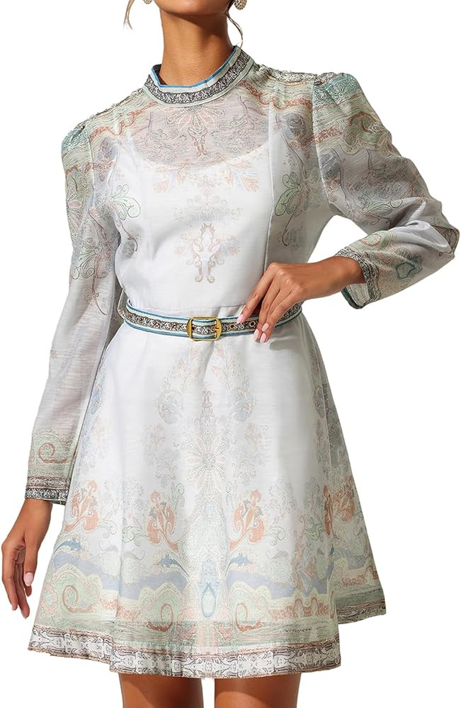 Blue Babydoll Dress Belted Floral Printed Boho Dress Mock Neck Empire Waist Long Sleeves Party | Amazon (US)