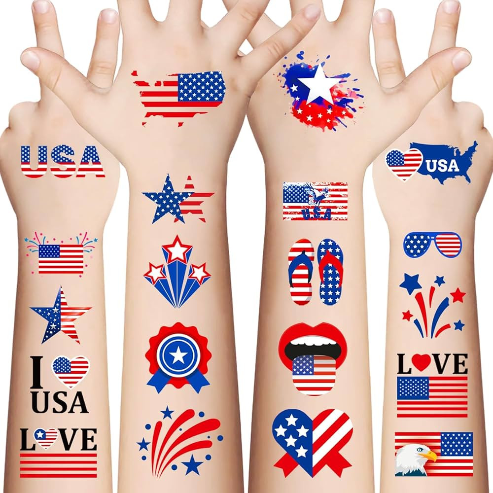 Awinmay 90Pcs Fourth of July Temporary Tattoos,American Flag Red White and Blue Fake Tattoo Stick... | Amazon (US)