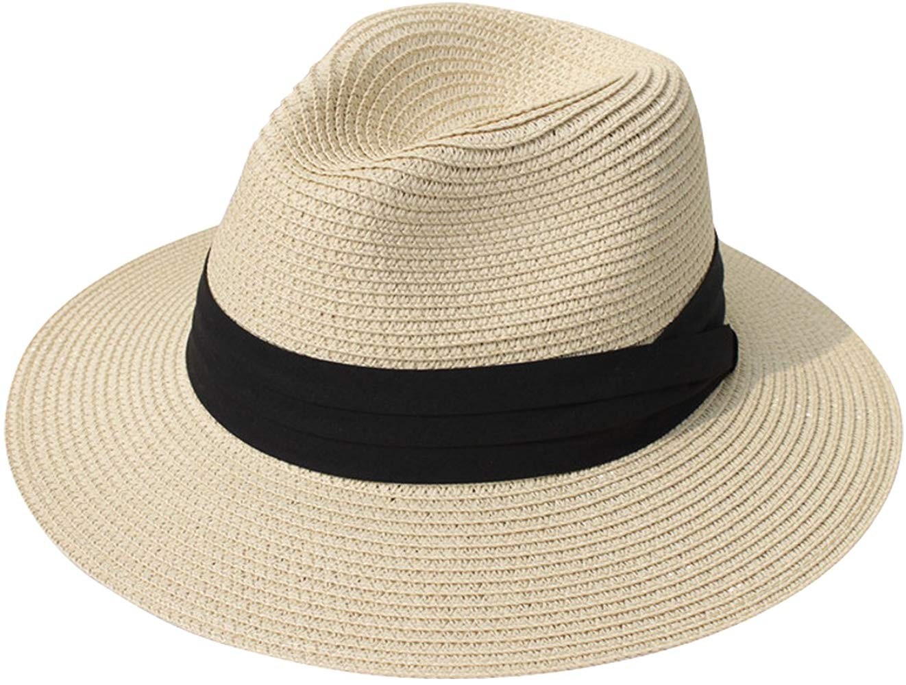 Lanzom Women Wide Brim Straw Panama Roll up Hat Fedora Beach Sun Hat UPF50+ | Amazon (US)