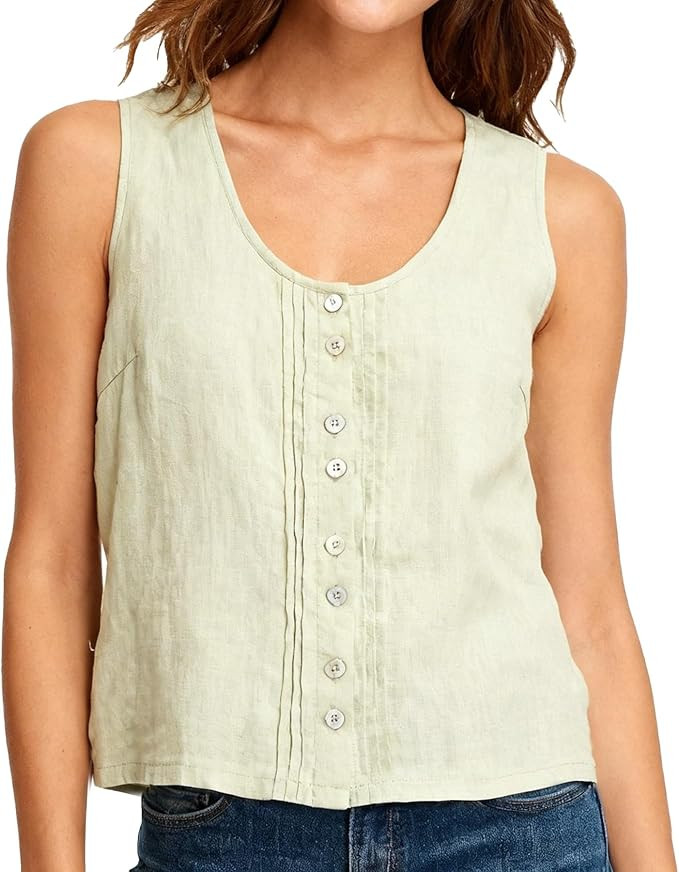 Amazhiyu Womens 100% Linen Sleeveless Tank Tops Scoop Neck Button Pleated Blouse | Amazon (US)