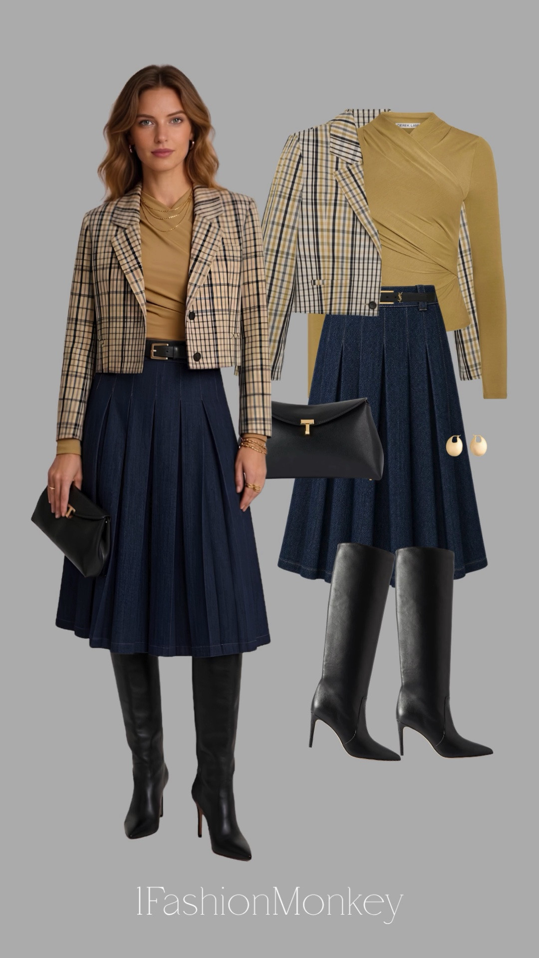To shop, click/tap on an item and you will be re-directed to the store where it can be purchased.  If you make the purchase through my LTK shop, I make a small commission with absolutely no additional cost to you.  Your support is greatly appreciated.
Cropped plaid blazer  - dark wash pleated denim skirt  - black knee-high boots ￼￼￼
#LTKOver40 #LTKSeasonal #LTKWorkwear