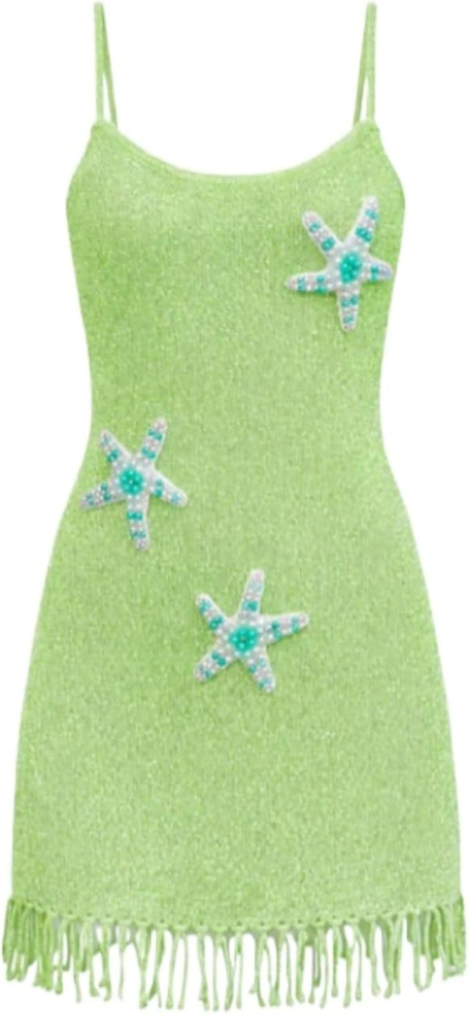 OCUH Mini Dress Spaghetti Strap Starfish Dress Tassels Sundress Sequin Sleeveless Knitted Vacatio... | Amazon (US)