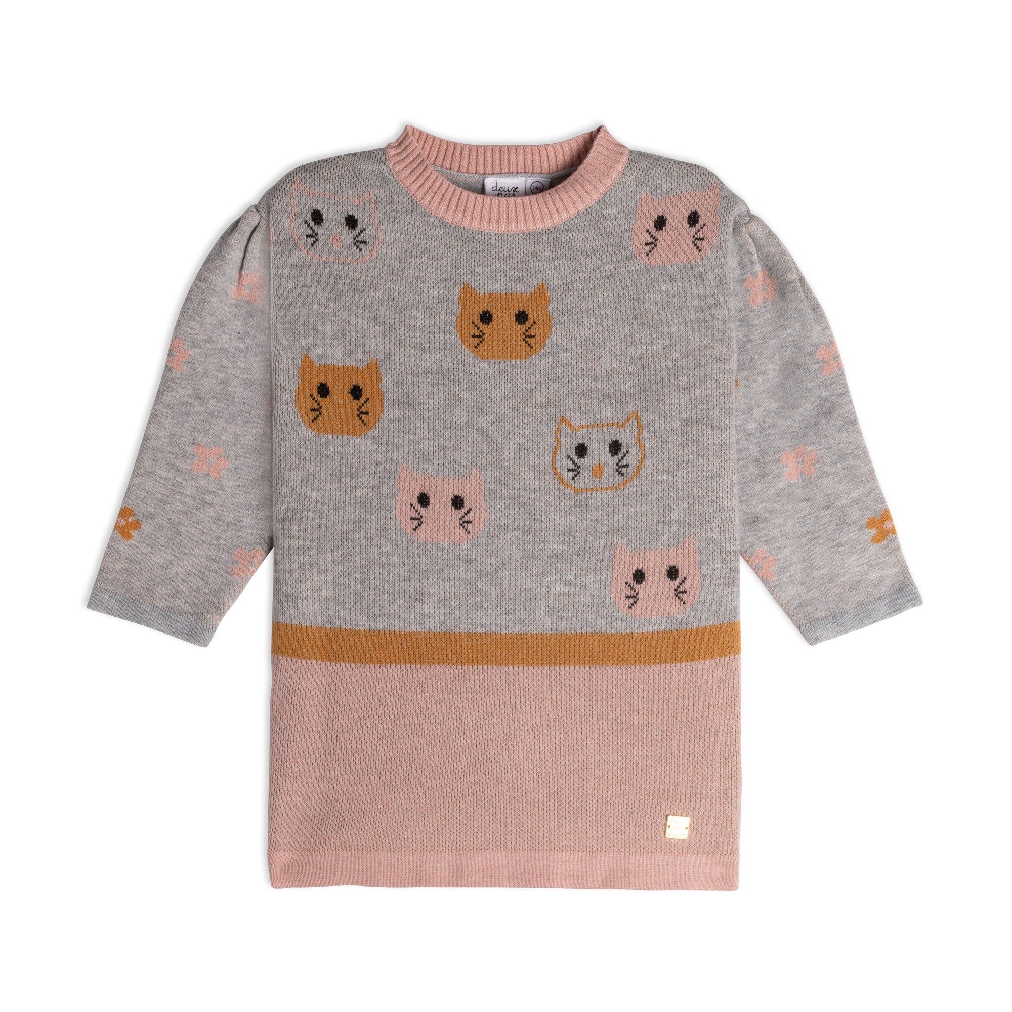 Sweater Knit Long Sleeve Dress With Jacquard Cats | Deux par Deux Childrens Designer Clothing