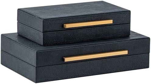 Set of 2 Black Shagreen Storage Boxes with Gold Metal Handles \u2013 Faux Leather Jewelry Organiz... | Amazon (US)