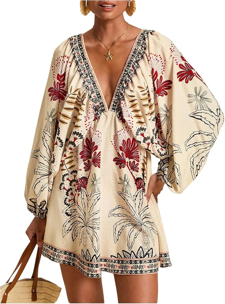 WDIRARA Women's Boho Floral V Neck Short Dress Lantern Sleeve Tie Back Flowy Tropical Dresses | Amazon (US)