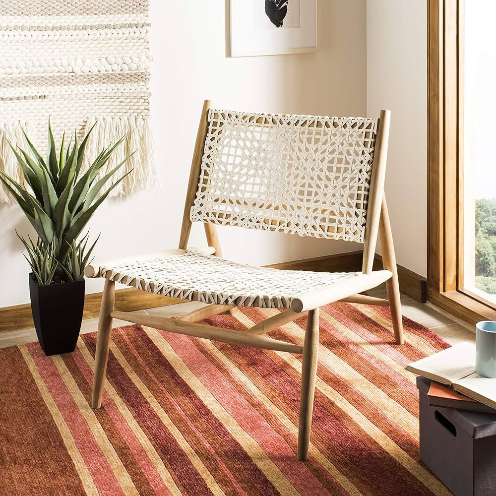 SAFAVIEH Home Collection Bandelier Light Oak Teak Wood/ White Leather Weave Accent Chair (Fully A... | Amazon (US)