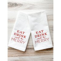 Embroidered Napkins - Eat Drink & Be Merry Christmas Kitchen Linens Dinner | Etsy (US)