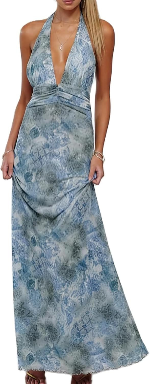 Womens Summer Sleeveless Halter V Neck Backless Mesh Y2k Floral Maxi Formal Beach Vacation Dresses | Amazon (US)