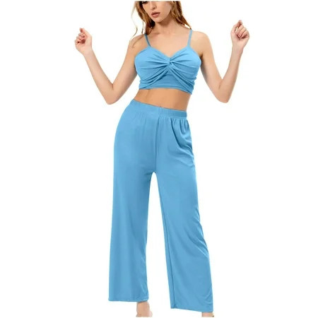 2 Piece Pants Set for Women Outfits for Women 2 Piece Sets Clothing Set Female V-Neck Sleeveless Tops Pants Sets Casual Pant Style S_547 Women s Tracksuits Sky Blue M | Walmart (US)