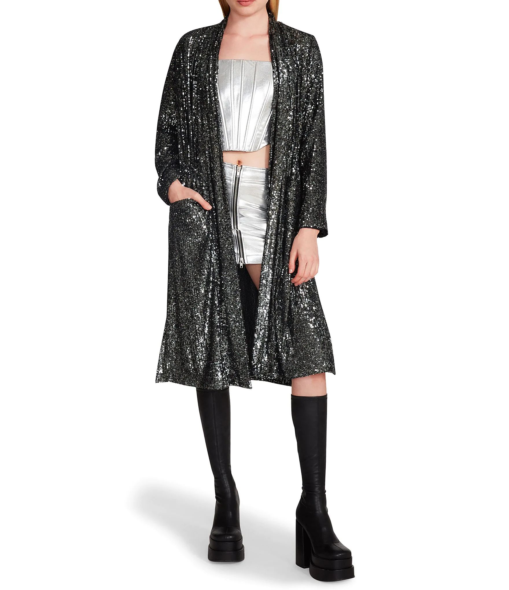 The Show Stopper Open Front Long Sleeve Sequin Duster | Dillard's