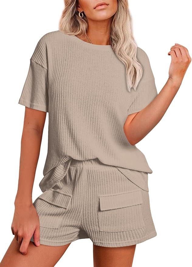 EVALESS Casual Lounge Sets for Women Rib Knit Two Piece Outfits Short Sleeve Tops and High Elasti... | Amazon (US)