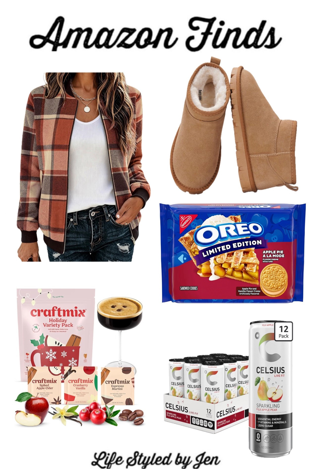Time for this week’s Amazon Finds - five items from Amazon that are definitely worth checking out! 🎉

✔️ Zeagoo Lightweight Bomber Jackets - tis the season of plaid, and these cute jackets make an excellent transitional piece. Several options to choose from at such a great price. 

✔️ Craftmix Holiday Mix 12 Pack - new pack of super tasty drink mixes for cocktails or mocktails. Just add sparkling water or juice + your favorite adult beverage if you’d like, and you’re set!  

✔️ Project Cloud Genuine Leather Fur-Lined Boots - if you’re not familiar with Amazon’s brand of dupes for a high end brand, Project Cloud makes amazing footwear! These look just like their high end counterpart, with incredibly cozy and warm lining. On flash sale today also!

✔️ Apple Pie A La Mode Oreos - new seasonal flavor of Oreos that I’ve heard are super tasty! Hard to find these in store, and they’re a great price at Amazon right now.

✔️ Celsius Sparkling Fuji Pear & Apple Sugar Free Energy Drink - this natural energy drink has been so popular, and this new seasonal flavor is on major sale at Amazon currently! Best price I’ve seen for a 12 pack in a long time.

#LTKSeasonal #LTKfoodie #LTKootd