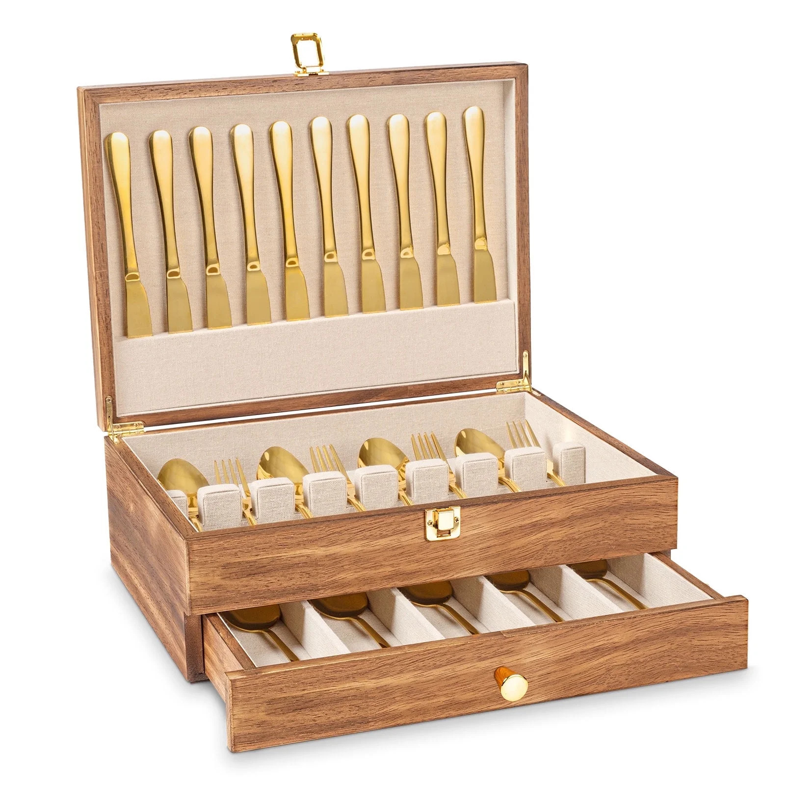 Honiway Fine Silverware Box, 2-Layer Wooden Silverware Chest with Drawer,Wood | Walmart (US)