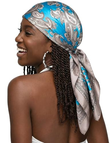 CHUNG Women Square Scarf Wrap 35” Satin Headscarf Emulation Silk Large Hair Bandanas Neck Scarves Accessories Patterned,AS-GryBluPaisley | Amazon (US)