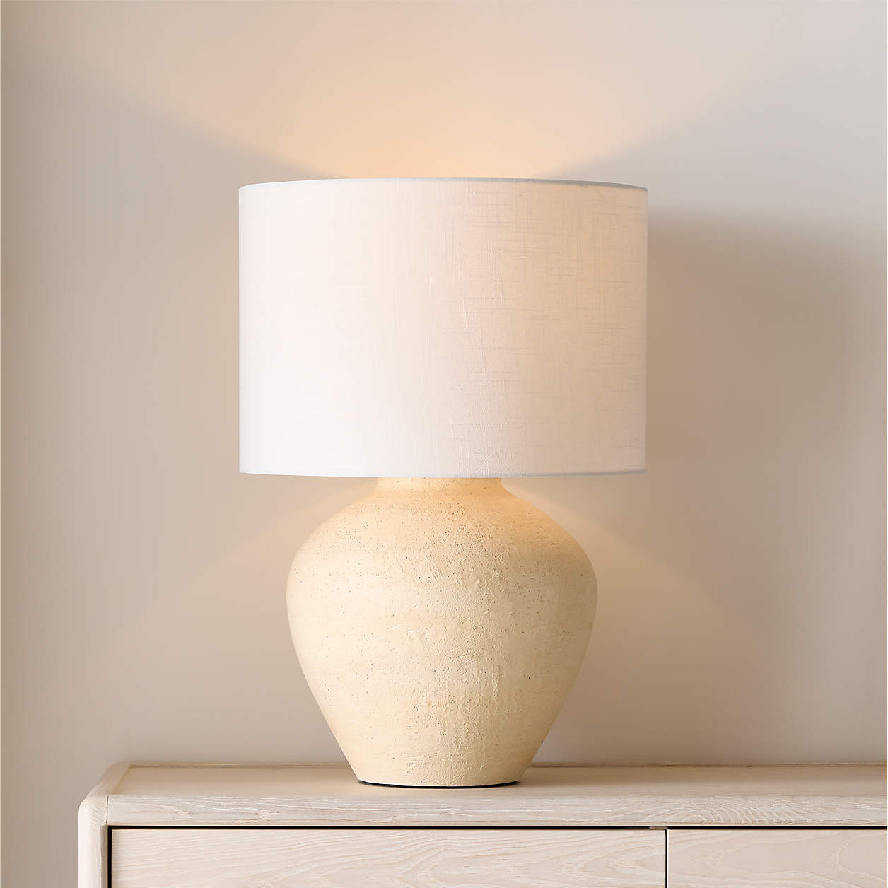 Corfu Cream Table Lamp with Linen Drum Shade Bedroom Lighting + Reviews | Crate & Barrel | Crate & Barrel