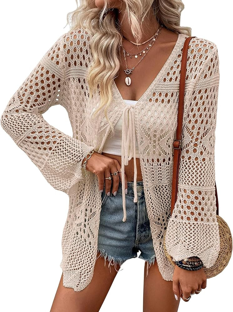 Women Crochet Cardigan Lightweight Tie Front Hollow Out Long Sleeves Summer Knit Cover Cardigans | Amazon (US)
