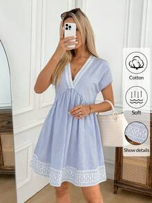 LocalEasowa Women's Cotton Blue And White Stripe Mini Dress,Lace Patchwork V-Neck A-Line Summer B... | SHEIN
