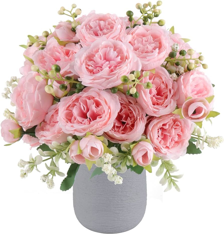 Artificial Peonies Silk Flowers, Pink Faux Peony Bouquet 4 Bundles Florals Arrangements for Farmh... | Amazon (US)